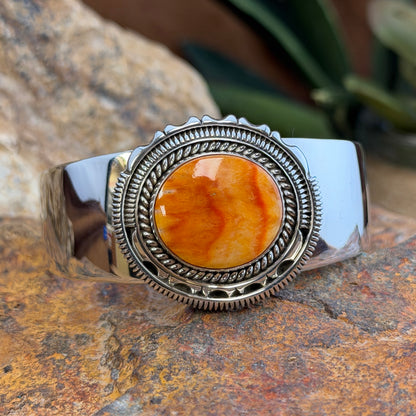 Spiny Oyster Sterling Silver Cuff Bracelet by Artie Yellowhorse, angled view
