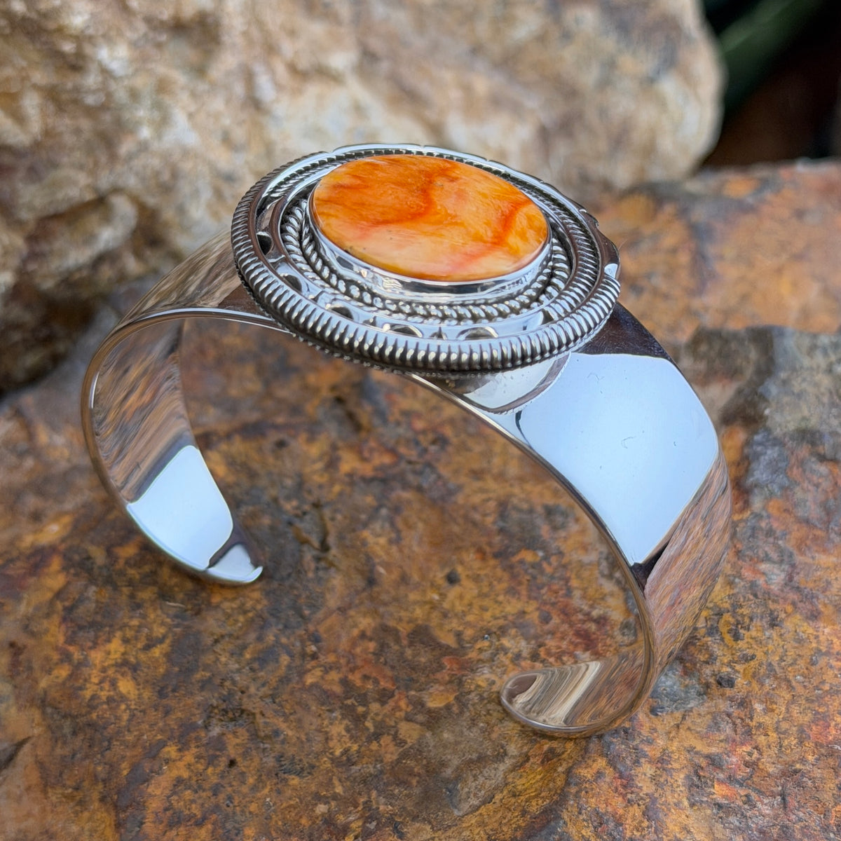 Spiny Oyster Sterling Silver Cuff Bracelet by Artie Yellowhorse, hallmark stamp