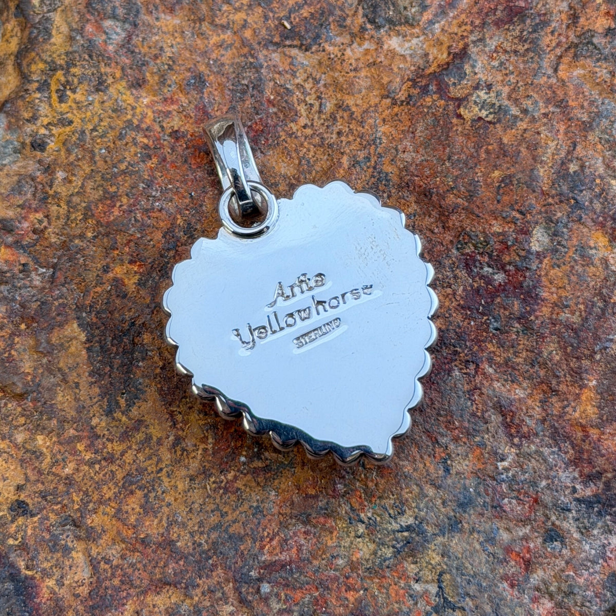 Small Spiny Oyster Heart Sterling Pendant by Artie Yellowhorse, close up