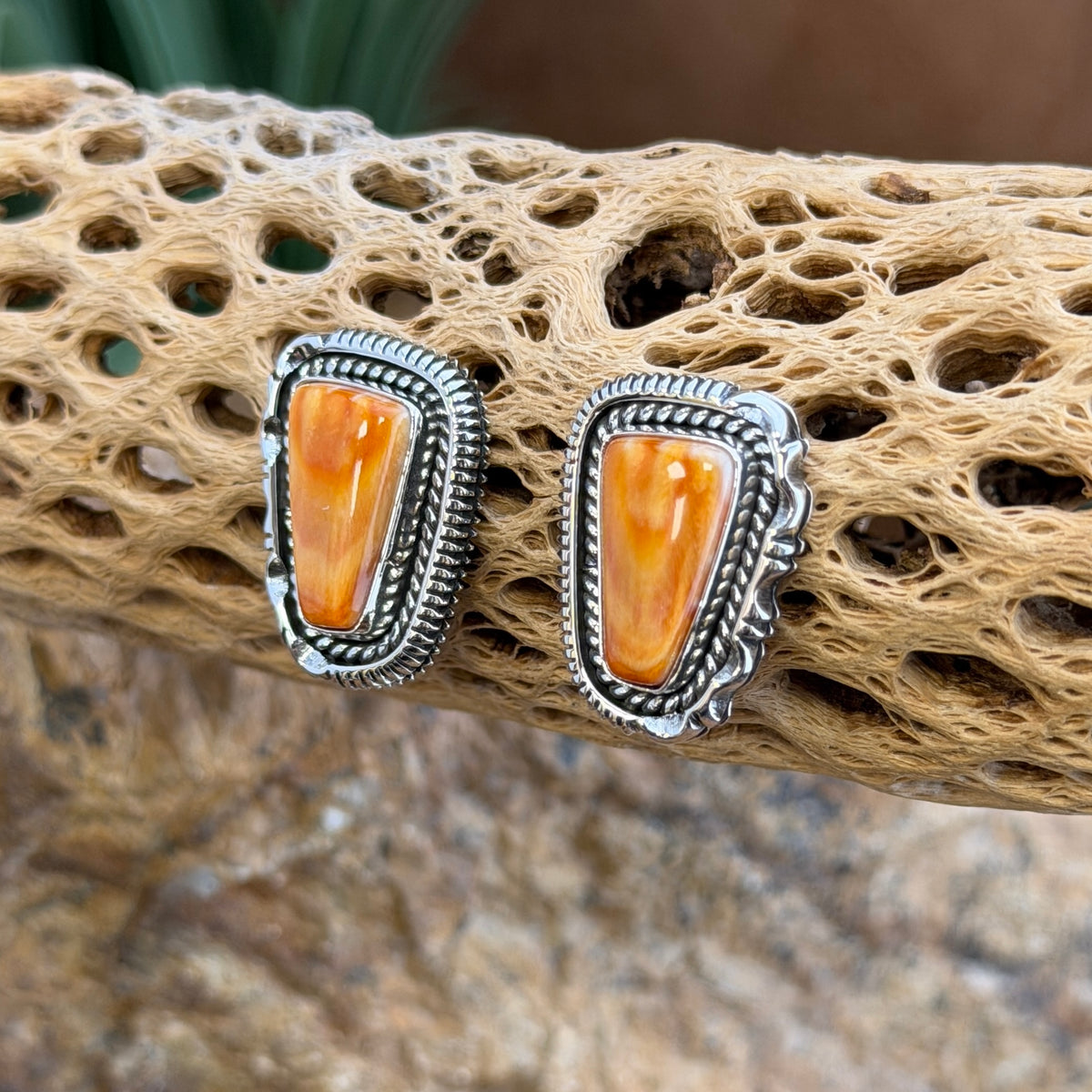 Spiny Oyster Sterling Post Earrings by Artie Yellowhorse, hallmark stamp