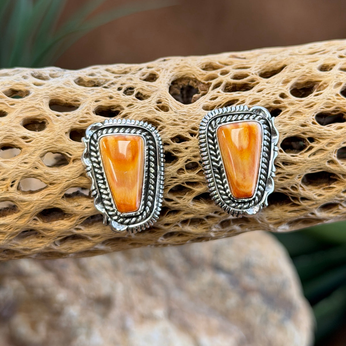 Spiny Oyster Sterling Post Earrings by Artie Yellowhorse, close up