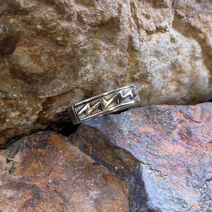 Vintage - M.M. Rogers Sterling Silver & 14k Gold Zig-Zag Band Ring - Size 7 - Estate