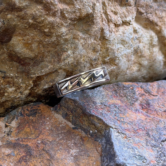 Vintage - M.M. Rogers Sterling Silver & 14k Gold Zig-Zag Band Ring - Size 7 - Estate