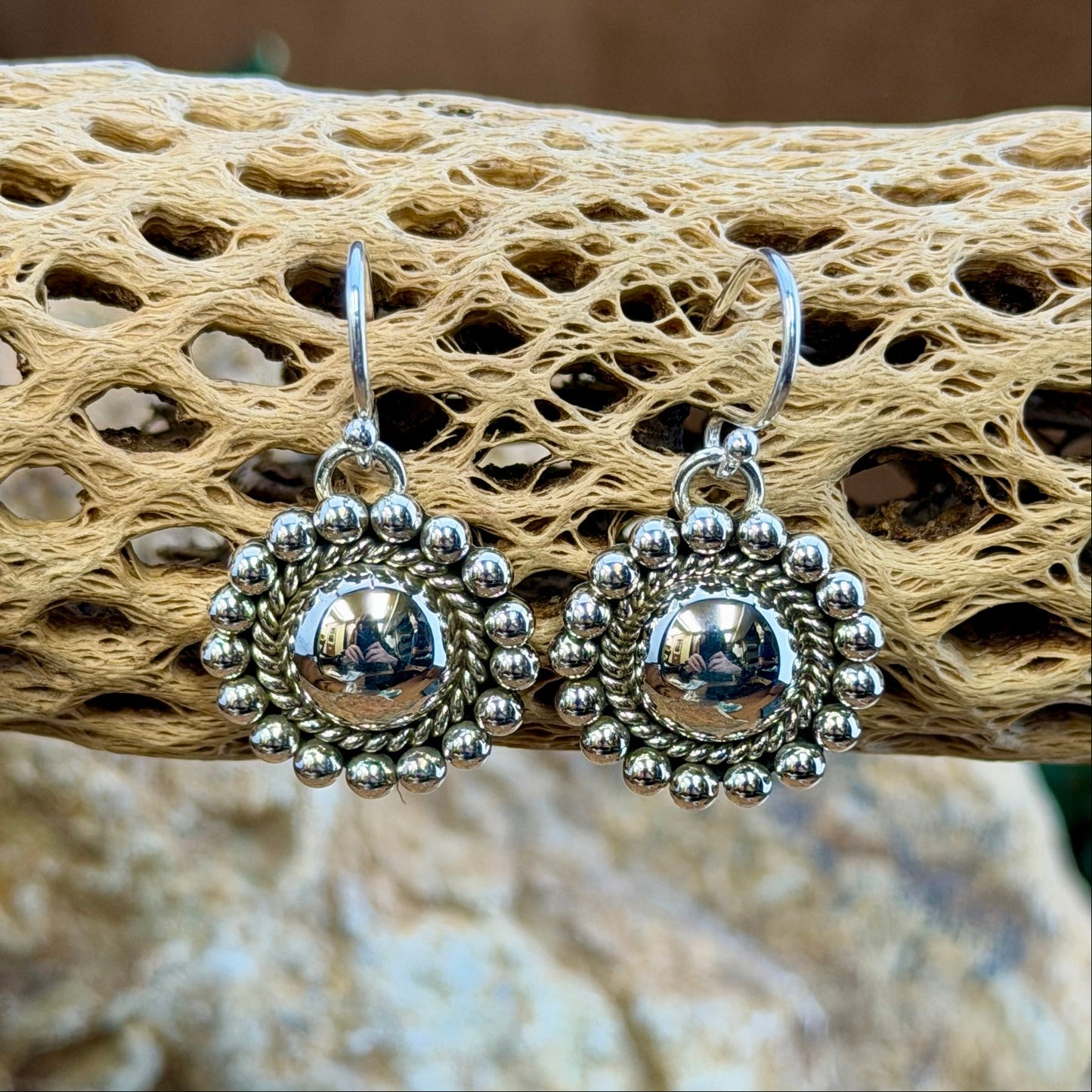 Sterling Silver Dome Rope and Sphere Dangle Earrings by Artie Yellowhorse - styled on cholla cactus showing full drop on French hook wires