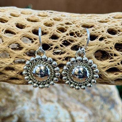 Sterling Silver Dome Rope and Sphere Dangle Earrings by Artie Yellowhorse - styled on cholla cactus showing full drop on French hook wires