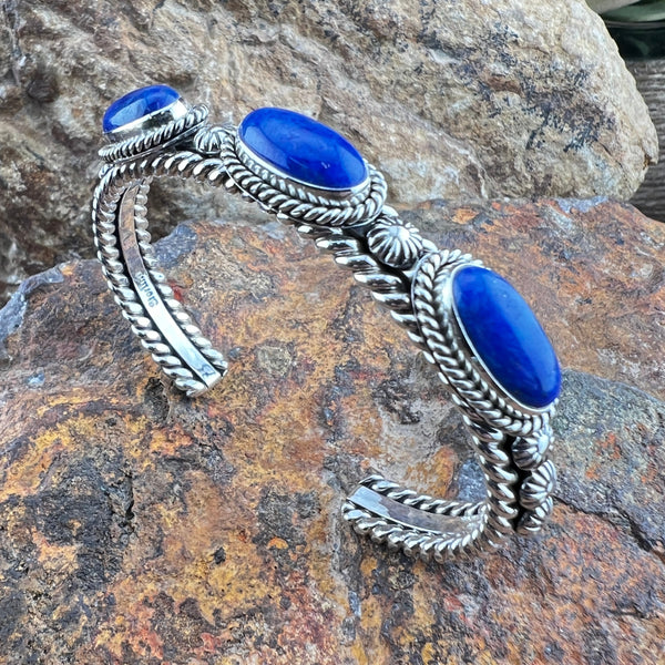 Sterling Silver Lapis Lazuli Three-Stone Cuff Bracelet by Artie Yellowhorse