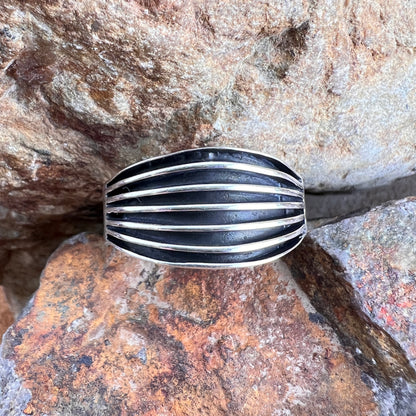 Silver ring with black stripes on a textured stone surface