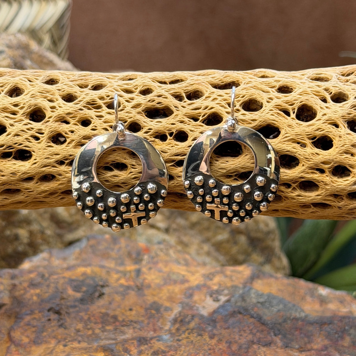 Sterling silver half-beaded cross dangle earrings
