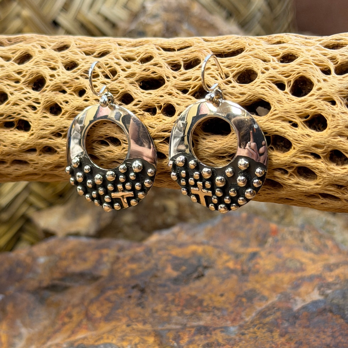 Sterling silver round cross earrings with French hook ear wires