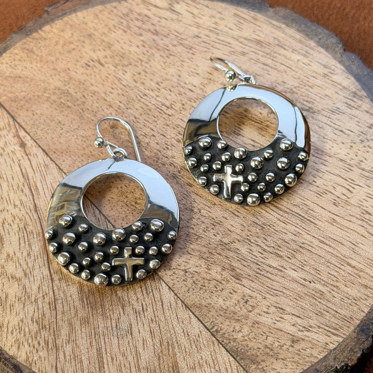 Half-beaded sterling silver cross earrings, additional detail view