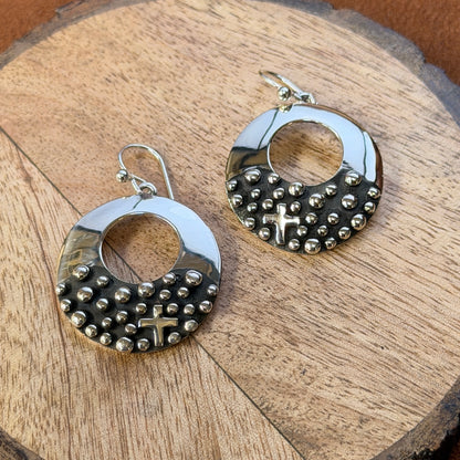 Half-beaded sterling silver cross earrings, additional detail view