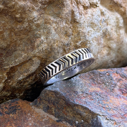 A silver ring with a black chevron pattern in gold, resting between textured brown and orange rocks.