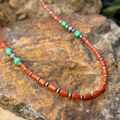 Sterling Silver Red Coral & Sonoran Gold Turquoise Beaded Necklace