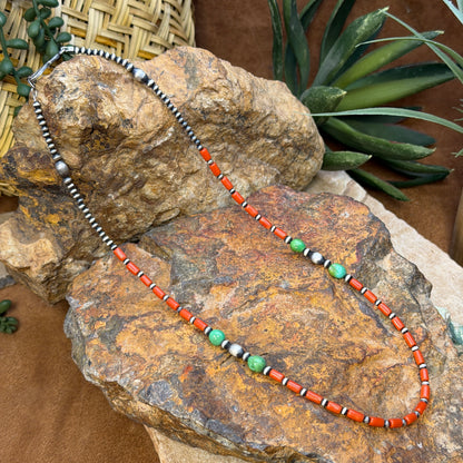 Sterling Silver Red Coral & Sonoran Gold Turquoise Beaded Necklace