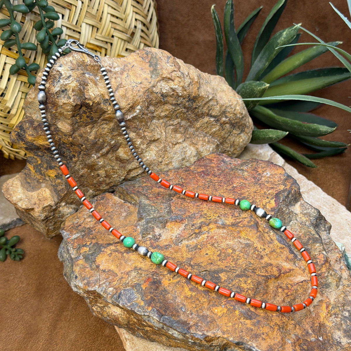 Sterling Silver Red Coral & Sonoran Gold Turquoise Beaded Necklace