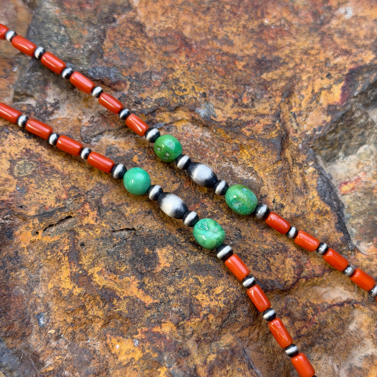 Sterling Silver Red Coral & Sonoran Gold Turquoise Beaded Necklace