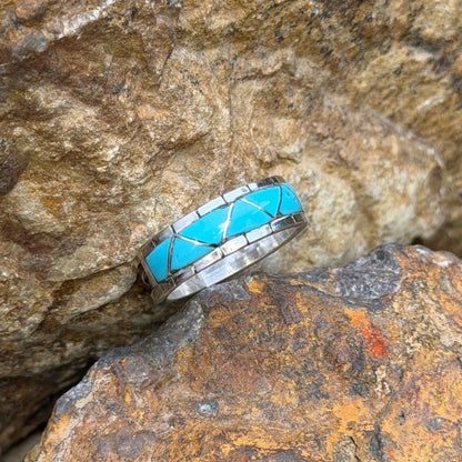 Phyllis Lucio turquoise inlay band ring with geometric silver channels