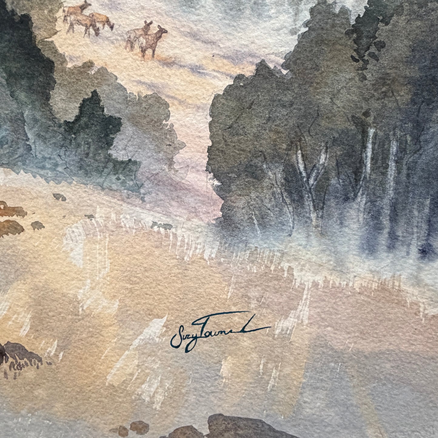 Watercolor landscape with trees and animals, signed by the artist.