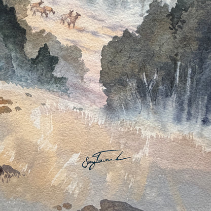 Watercolor landscape with trees and animals, signed by the artist.