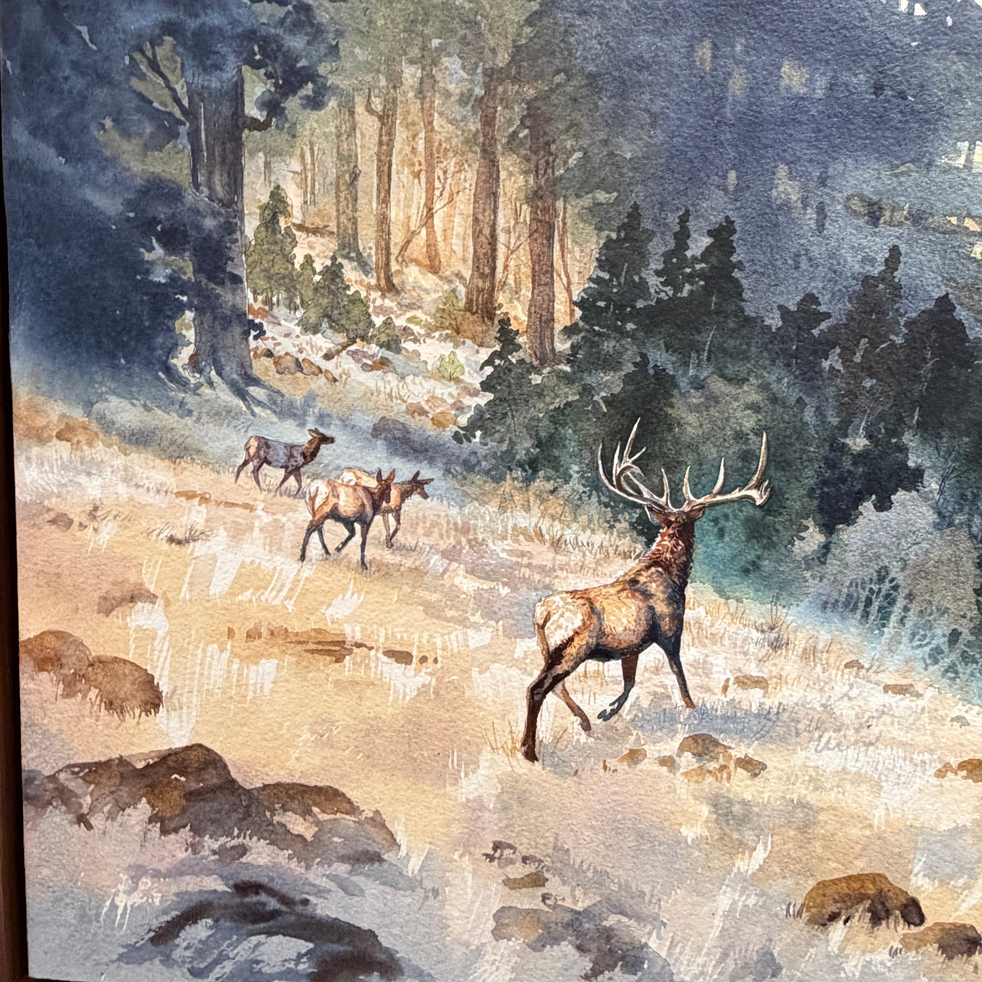 Painting of deer in a forest with a prominent stag in the foreground.