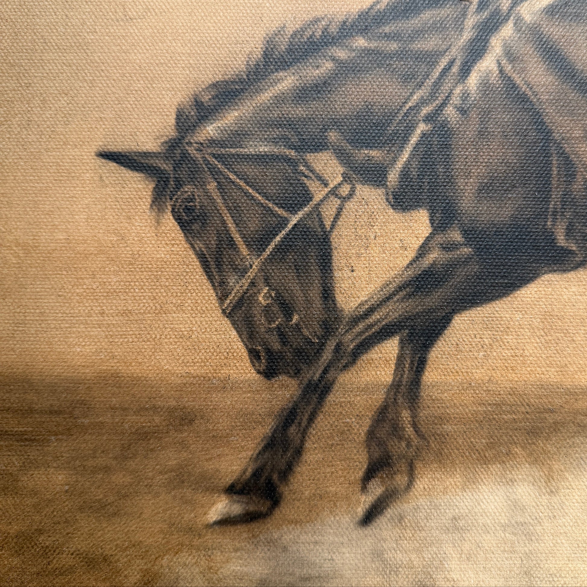 Artistic depiction of a horse in motion on a textured beige background