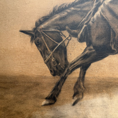 Artistic depiction of a horse in motion on a textured beige background
