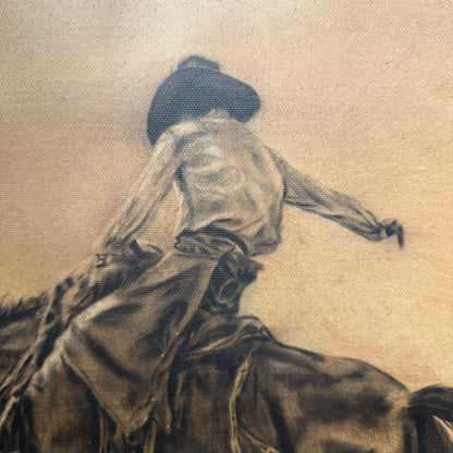 Artistic depiction of a person in a coat and hat on a textured beige background