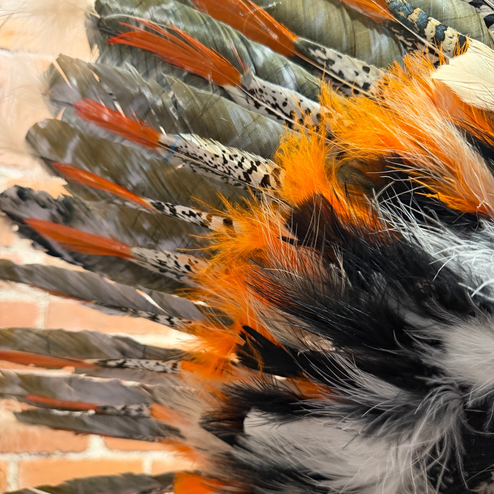 Close-up of colorful feathers with orange, black, and gray hues.