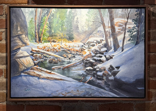 Two framed paintings of landscapes on a brick wall.