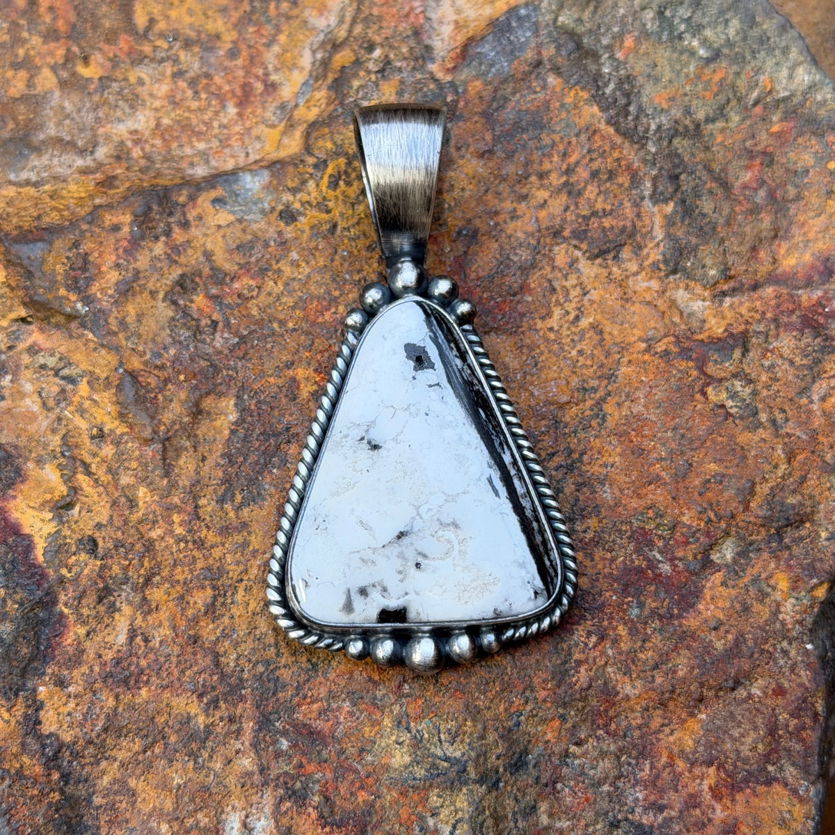 Sterling Silver Triangular White Buffalo Pendant by Angela Martin