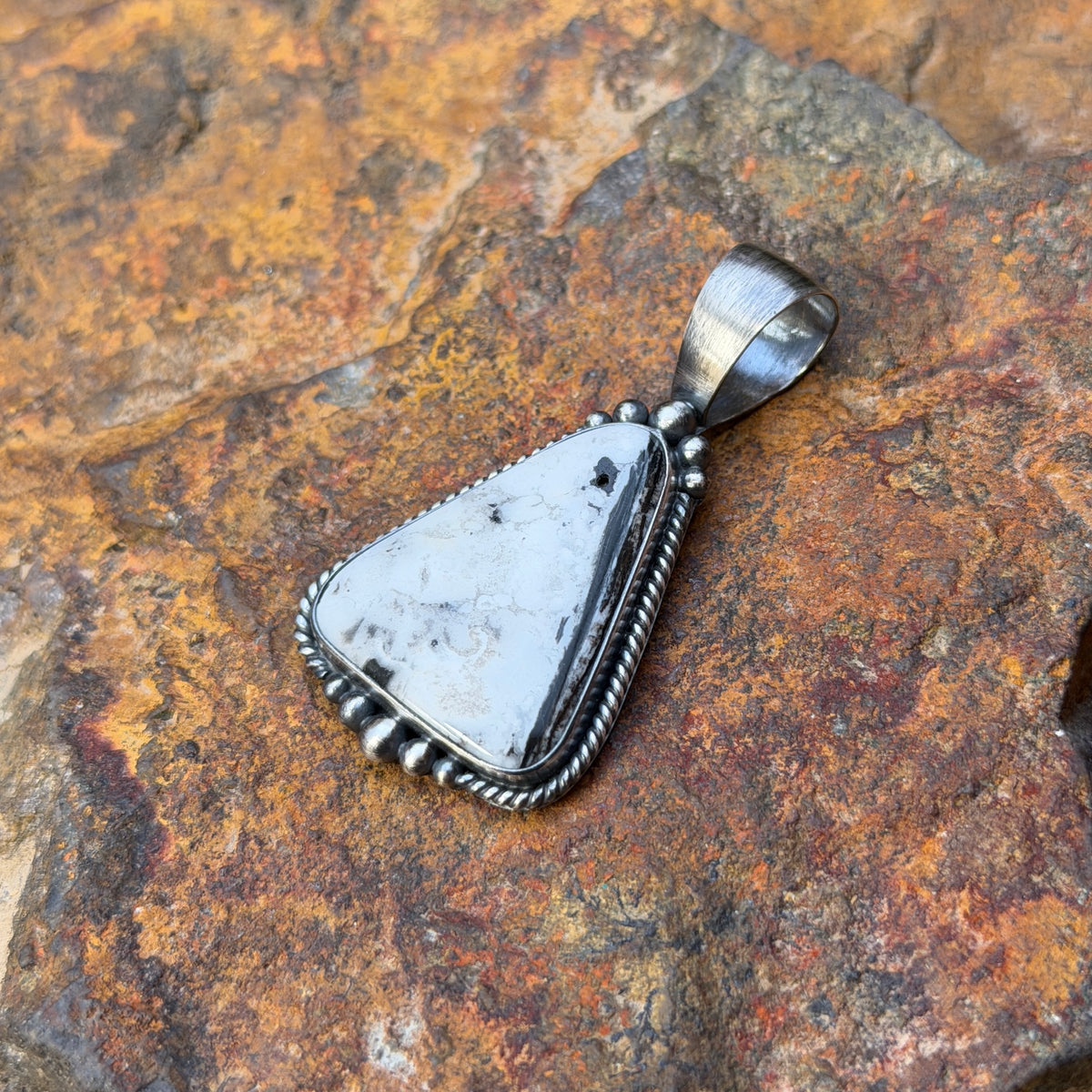 Sterling Silver Triangular White Buffalo Pendant by Angela Martin