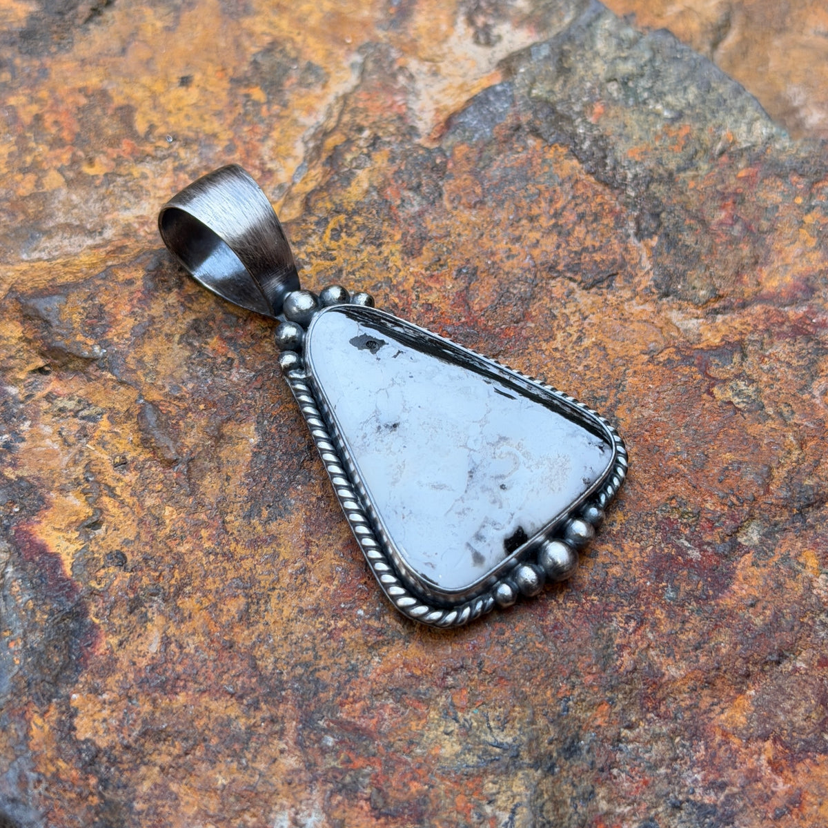 Sterling Silver Triangular White Buffalo Pendant by Angela Martin