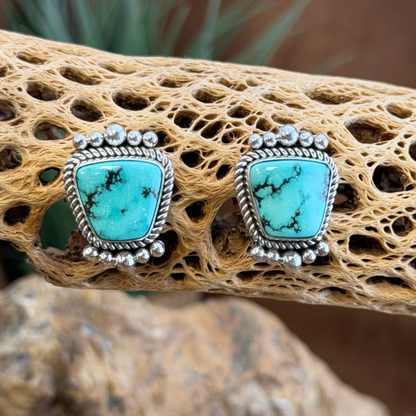 Front of blue-green Hubei turquoise sterling silver post earrings