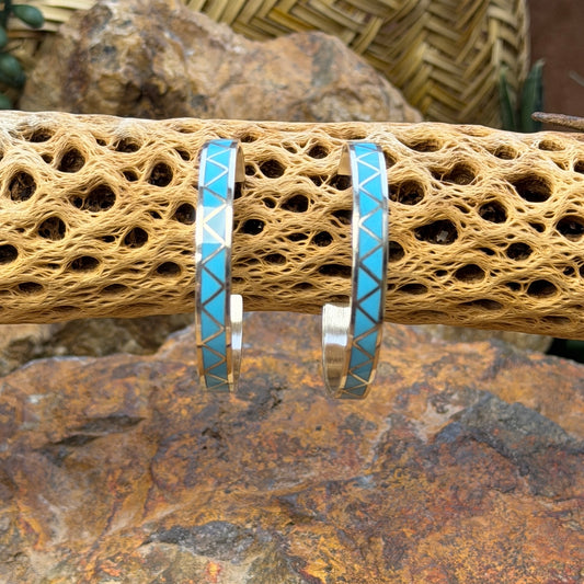 Hoop earrings inlayed in a zig zag pattern with turquoise by tina gasper
