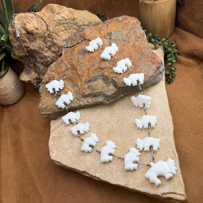 Vintage Marble Bison Fetish Necklace with Heishi Beads - Estate