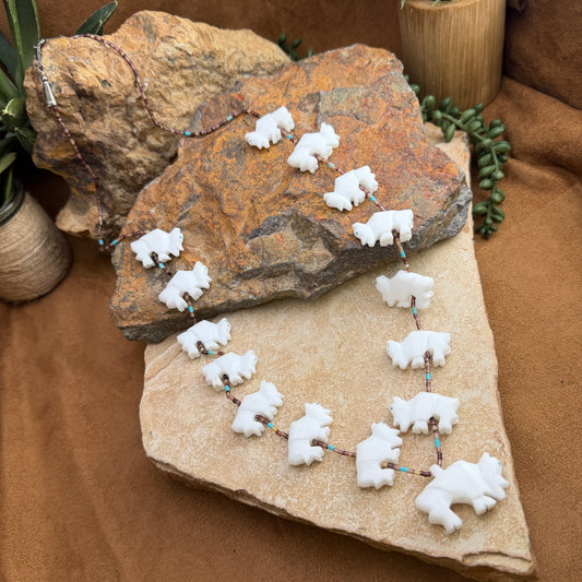 Vintage Marble Bison Fetish Necklace with Heishi Beads - Estate