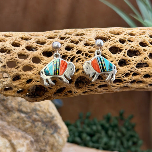 A pair of silver-toned buffalo stud earrings with colorful inlay details, displayed on a decorative piece of driftwood in a natural setting.