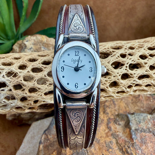 Vintage Sterling Silver & Leather Watch Cuff — Estate