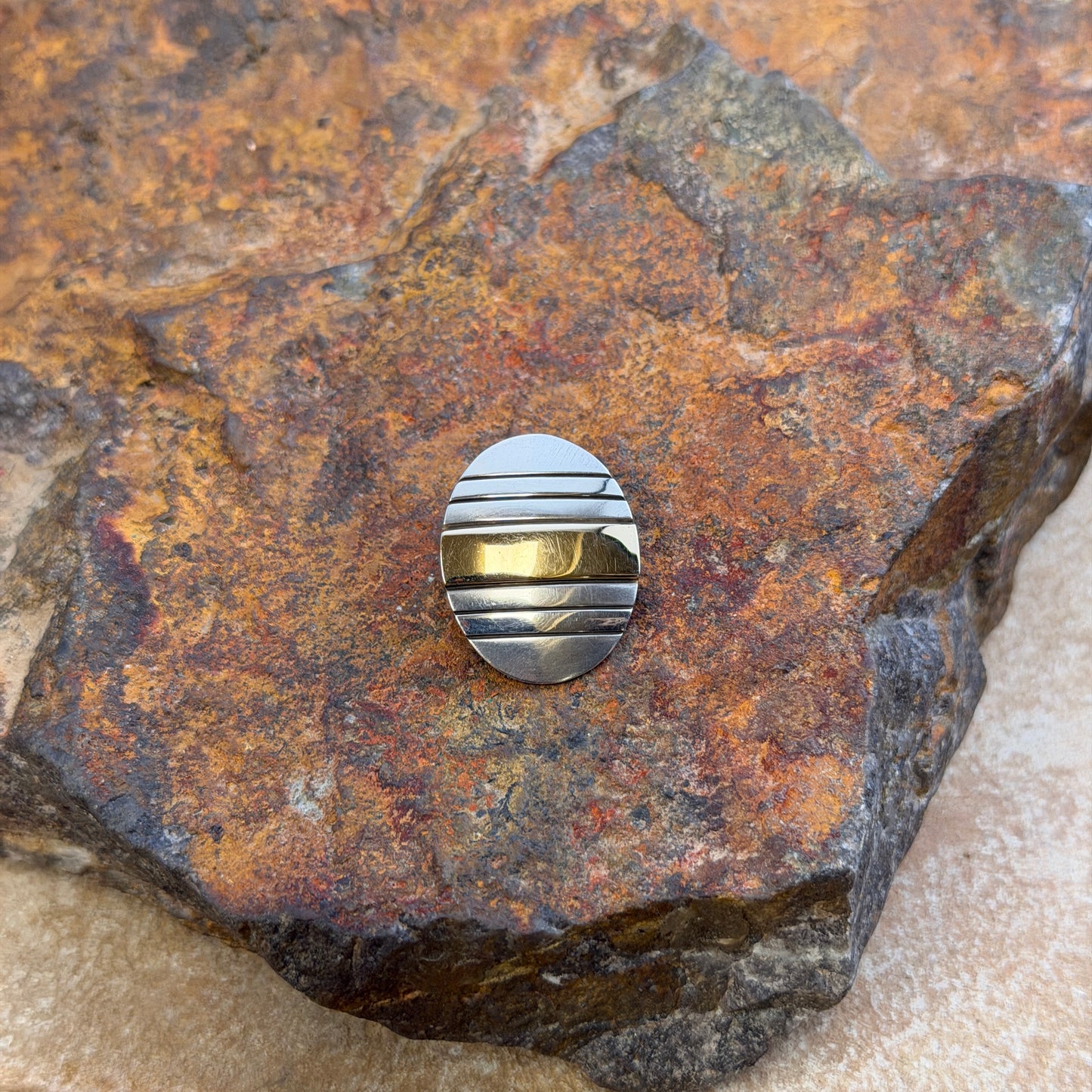 Vintage - M.M. Rogers Sterling Silver & 14k Gold Horizontal Stripe Oval Pendant - Estate