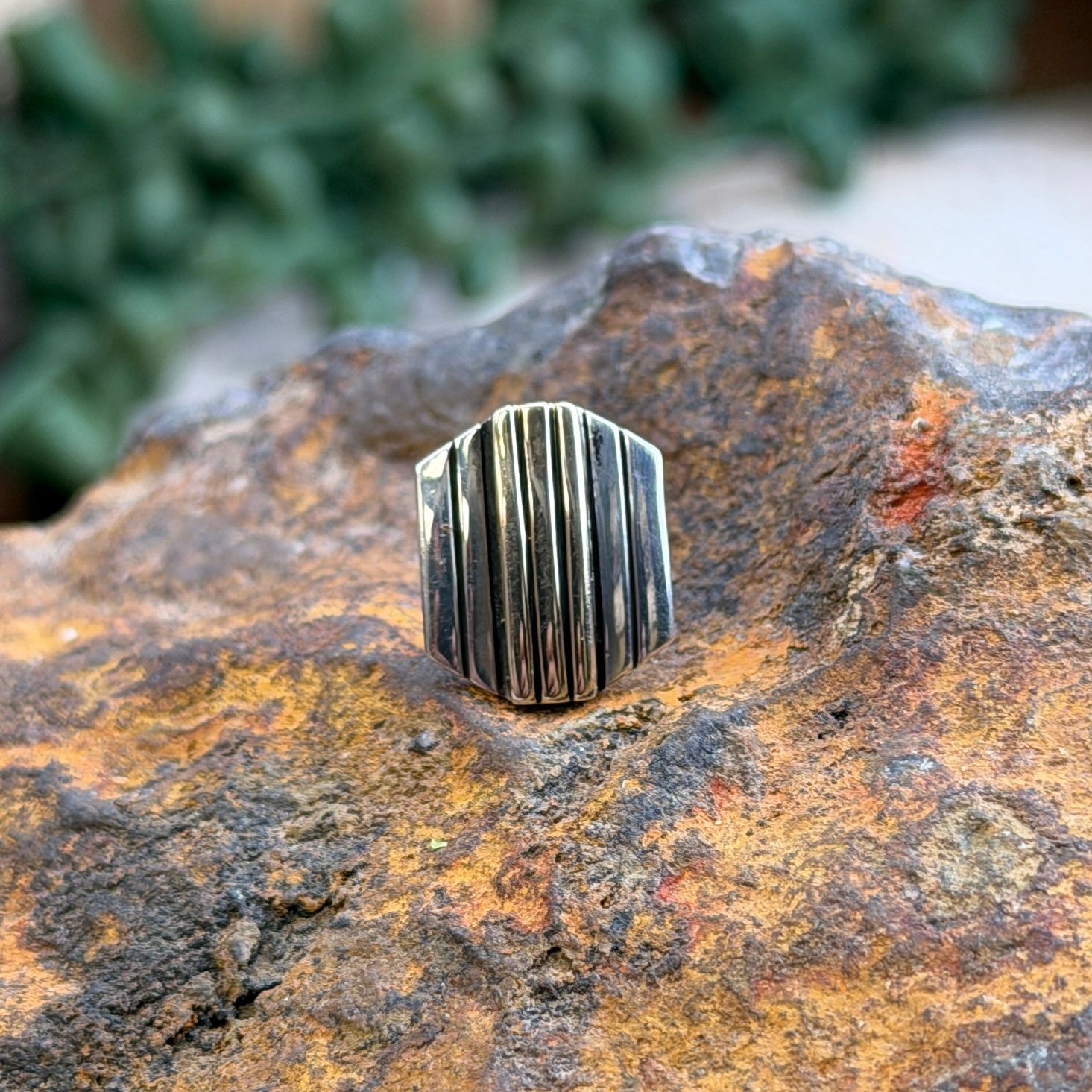 A silver-toned geometric ring with vertical ridges, displayed on a textured orange and brown rock with blurred green plants in the background.