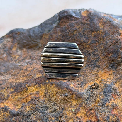 A small rectangular metal accessory with horizontal ridges sits centered on a large textured rock in an outdoor setting with blurred plants and another rock in the background.