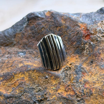 A tie tac with vertical sterling silver and 14k gold stripes sitting on a rock

