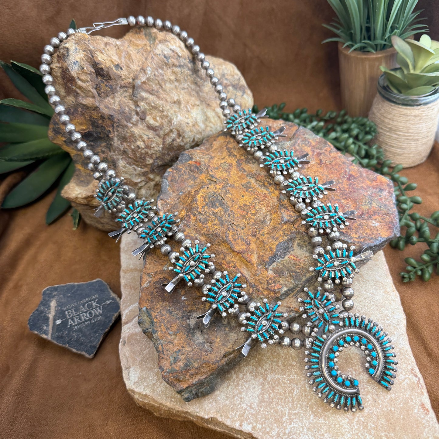 Vintage - Zuni Turquoise Petit Point Squash Blossom Necklace by Norman Jr. & Virginia Hooee  - Estate