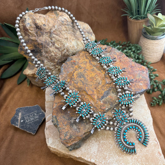Vintage - Zuni Turquoise Petit Point Squash Blossom Necklace by Norman Jr. & Virginia Hooee  - Estate