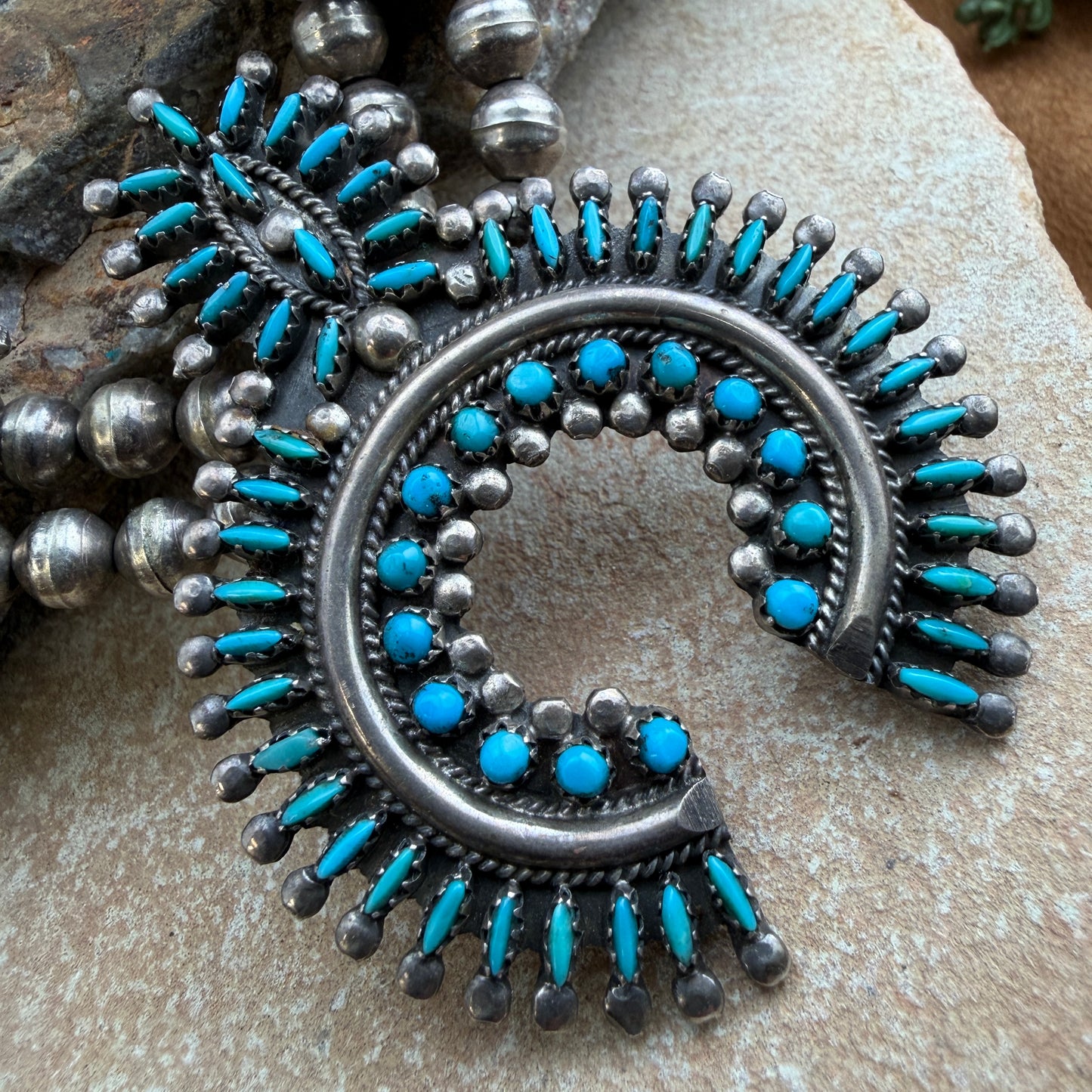 Vintage - Zuni Turquoise Petit Point Squash Blossom Necklace by Norman Jr. & Virginia Hooee  - Estate