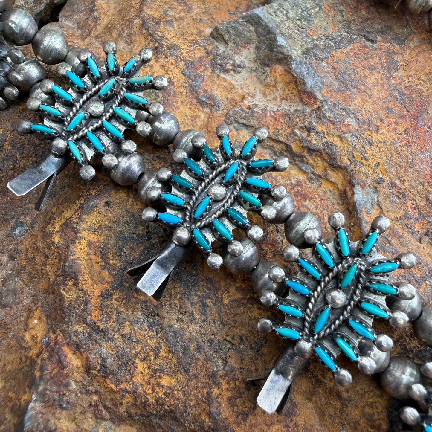 Vintage - Zuni Turquoise Petit Point Squash Blossom Necklace by Norman Jr. & Virginia Hooee  - Estate