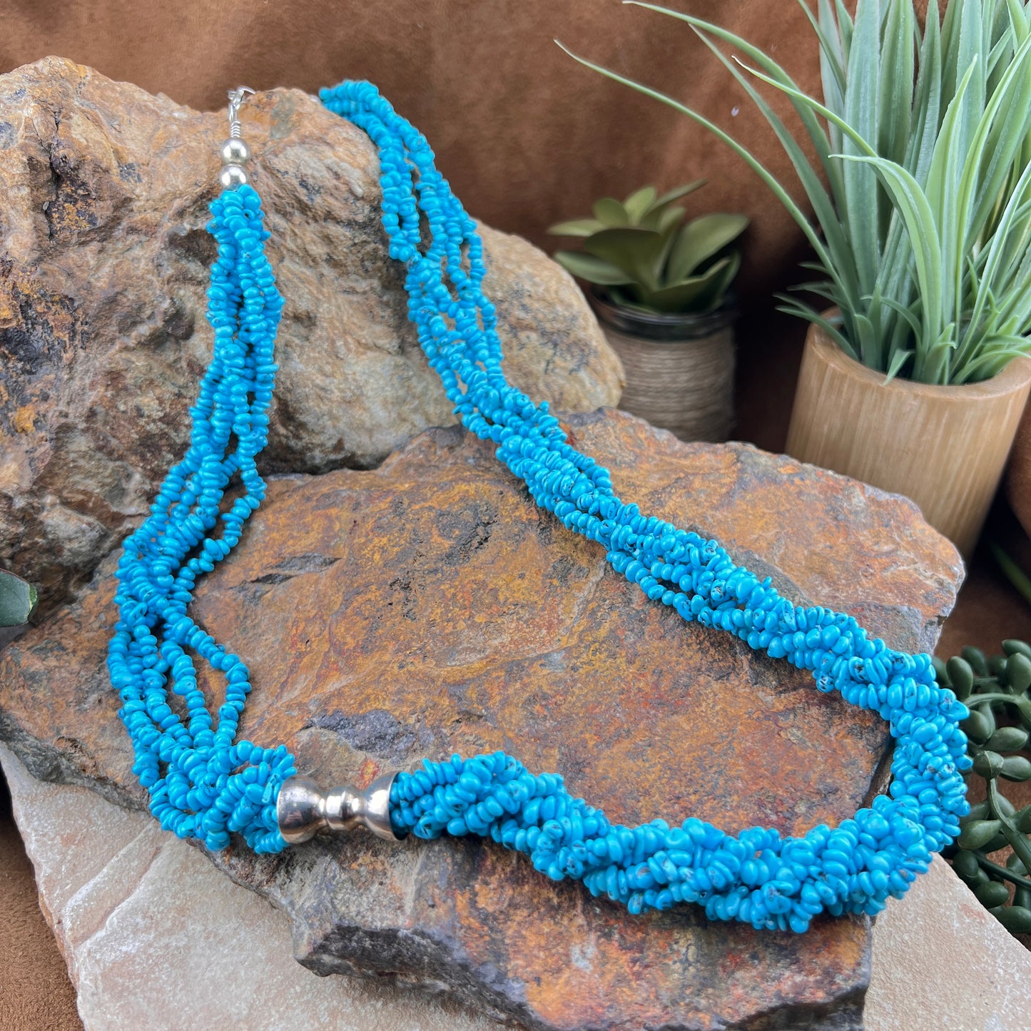 Vintage - 5-Strand Twisted Turquoise Nugget Necklace with Sterling Silver Clasp 24" - Estate