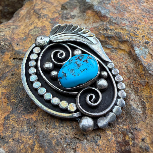 Vintage Navajo Turquoise Sterling Silver Brooch - Estate