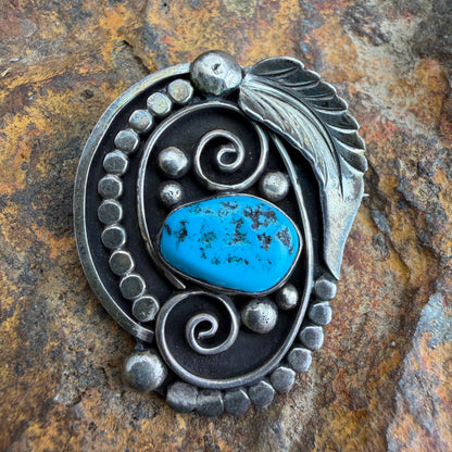 Vintage Navajo Turquoise Sterling Silver Brooch - Estate