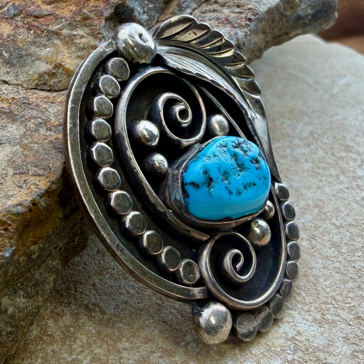 Vintage Navajo Turquoise Sterling Silver Brooch - Estate